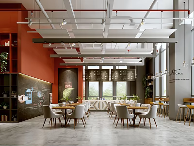Modern Café Interior Design With Cozy Seating Wooden Tables Green Plants And Large Windows 3d model