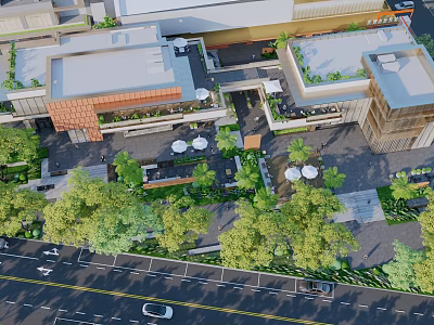 Modern Commercial Street With Modern Buildings Greenery And Outdoor Seating Areas 3d model