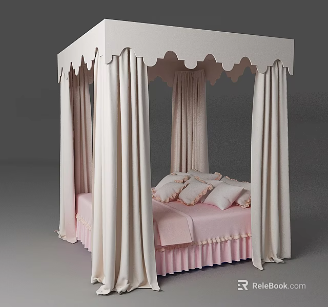 Elegant Double Bed With Canopy Scalloped Top Pink Bed Sheets And Pillows 3d model 