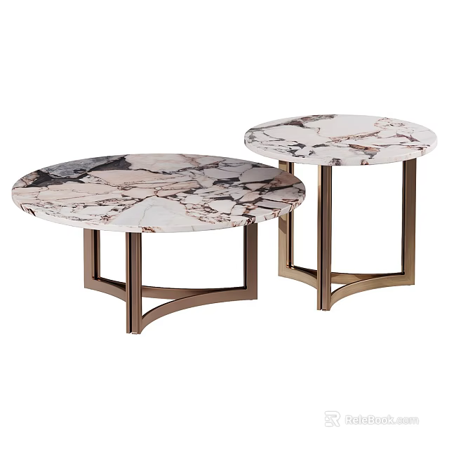Two Round Modern Coffee Tables with Marble Top and Metal Legs 3d model 