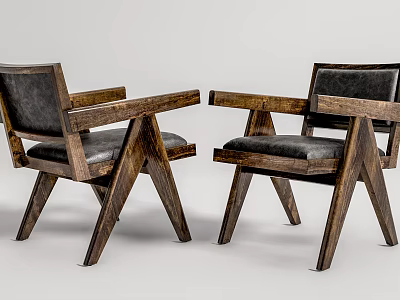 Modern Accent Chairs With Wooden Frame Armrests And Black Leather Cushions Cross Leg Design 3d model