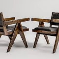 Modern Accent Chairs With Wooden Frame Armrests And Black Leather Cushions Cross Leg Design
