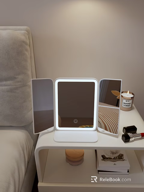 Lighted Tri fold Vanity Mirror With Candle And Lipstick On Table 3d model