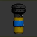 Cylindrical Industrial Structure With Gray Top Black Upper Yellow Blue Bands And Red Tag