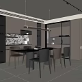 Modern Restaurant Interior With Dining Table Chairs Pendant Lighting And Cabinets 3d model
