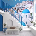 Modern Blue And White Beauty Salon Interior With Balcony Railings Tables Chairs Sofa And Chandeliers