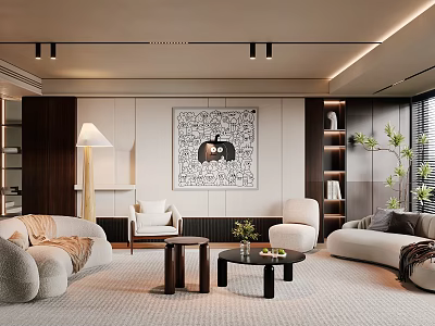 Modern Living Room Interior With Sofa Armchairs Coffee Table Decorative Artwork Floor Lamp And Bookshelves 3d model