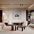 Modern Living Room Interior With Sofa Armchairs Coffee Table Decorative Artwork Floor Lamp And Bookshelves