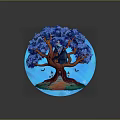 Cartoon Scene With Blue Leaved Tree Small House In Orange Trunk And Large Blue Moon