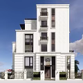 Elegant Modern Residential Building Exterior With Balconies Large Windows And Green Landscaping