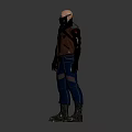 Bald Man in Dark Brown Vest Dark Pants Black Gloves and Boots Against Gray Background