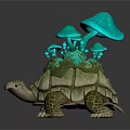 Fantasy Turtle Game And Movie Character With Teal Mushrooms And Moss On Shell