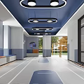 Modern Hallway Interior Featuring Blue Ceiling Circular Pendant Lights Bench Seating And Large Windows 3d model