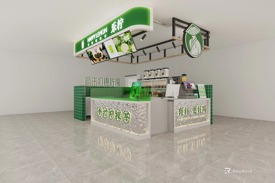 Fresh Milk Tea Shop With Green Signage Counter And Drink Display Interior 3d model 