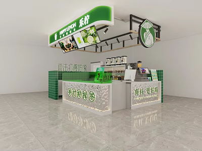 Fresh Milk Tea Shop With Green Signage Counter And Drink Display Interior 3d model