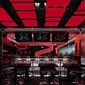 Modern Bar Interior With Red Blue Grid Ceiling DJ Booth Lighting And STAR Sign