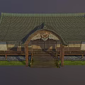 Traditional Japanese House with Sloped Tile Roof Wooden Structure and Green Grass Area