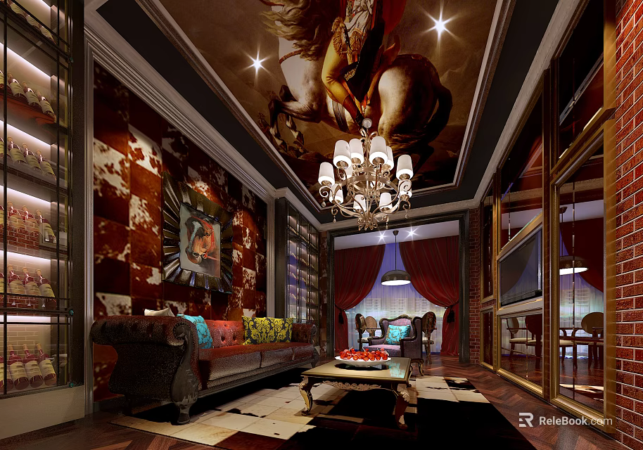Luxurious Hotel Public Lounge Area With Chandelier Decorative Painting Sofa And Red Curtains 3d model 