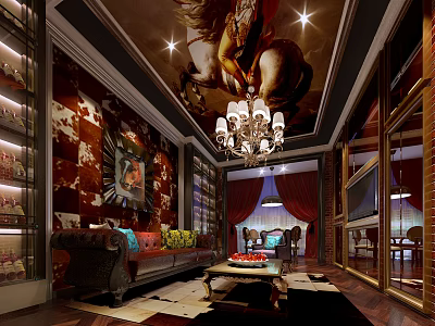 Luxurious Hotel Public Lounge Area With Chandelier Decorative Painting Sofa And Red Curtains 3d model