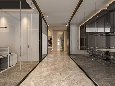 Modern Public Office Space With Glass Partitions Marble Flooring Open Layout And Bright Lighting 3d model