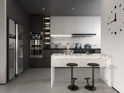 Modern Kitchen With Dark Cabinets White Island Countertop Black Stools Wall Clock And Appliances 3d model