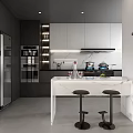 Modern Kitchen With Dark Cabinets White Island Countertop Black Stools Wall Clock And Appliances