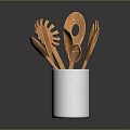 Wooden Kitchen Utensils Set In White Striped Container With Spoons Forks And Spatulas