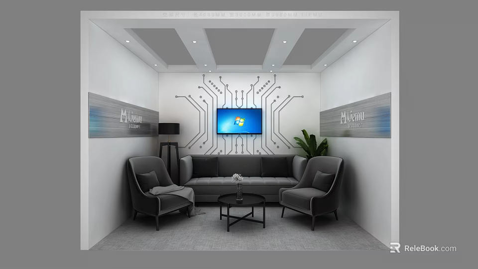 Modern Lounge Area With Comfortable Seating TV And Circuit Pattern Wall Decor 3d model
