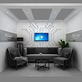 Modern Lounge Area With Comfortable Seating TV And Circuit Pattern Wall Decor 3d model