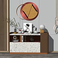 Modern Entryway Console Cabinet And Side Cabinet With Circular Mirror Wall Lamp And Decor Items