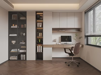 Modern Study Room Interior Design With Wooden Herringbone Floor Bookshelves Computer Desk And Window Blinds 3d model