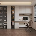 Modern Study Room Interior Design With Wooden Herringbone Floor Bookshelves Computer Desk And Window Blinds