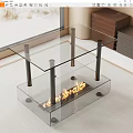 Modern Two Tiered Glass Top Coffee Table With Metal Legs And Fireplace Flames 3d model