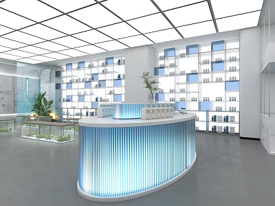 Curved Blue Illuminated Reception Desk In Modern Interior With White And Blue Shelves Green Plants 3d model