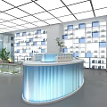 Curved Blue Illuminated Reception Desk In Modern Interior With White And Blue Shelves Green Plants