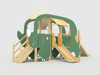 Green Elephant Shaped Playground Equipment with Wooden Slides Stairs and Canopy 3d model