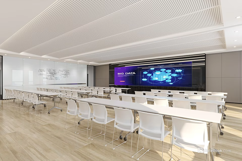 Modern Conference Room with Large Display Screen White Tables Chairs Wooden Flooring and Perforated Ceiling 3d model 
