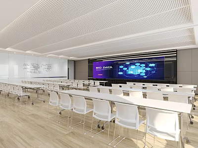 Modern Conference Room with Large Display Screen White Tables Chairs Wooden Flooring and Perforated Ceiling 3d model