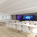 Modern Conference Room with Large Display Screen White Tables Chairs Wooden Flooring and Perforated Ceiling