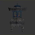 Stone Lantern with Blue Top Multi Layered Structure and Red Light in Traditional Design