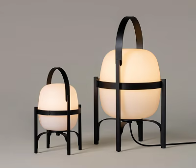 Two Modern Table Lamps Small And Large White Shades Black Metal Frames With Handle Design 3d model