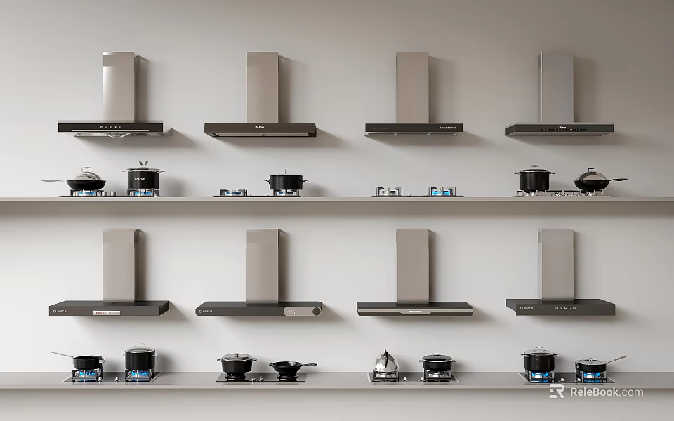 Modern Open Kitchen Shelves With Neatly Arranged Cooking Appliances And Cookware 3d model 