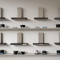 Modern Open Kitchen Shelves With Neatly Arranged Cooking Appliances And Cookware