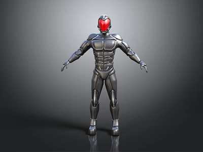 Humanoid Robot Character Featuring Silver Armor Red Helmet And Muscular Body Design 3d model