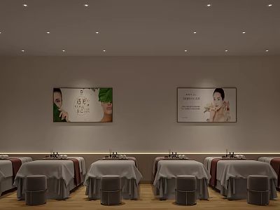 Beauty Salon Interior With Treatment Beds Decorative Posters Wooden Flooring And Soft Lighting 3d model