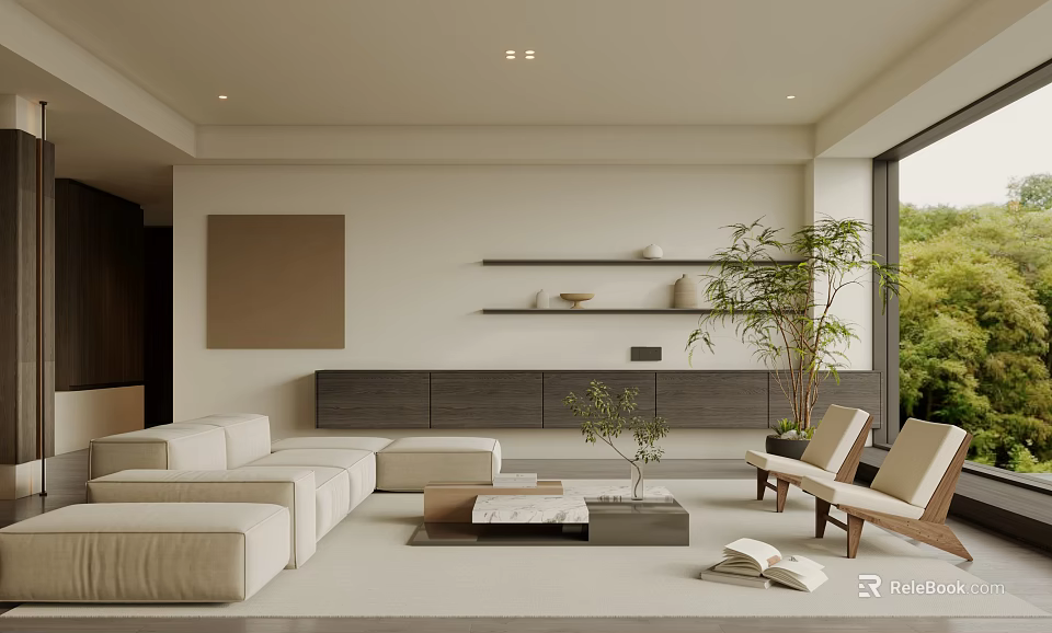 Minimalist Living Room Interior With Light Sofa Coffee Table Wall Shelves And Plant 3d model 