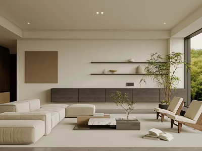 Minimalist Living Room Interior With Light Sofa Coffee Table Wall Shelves And Plant 3d model