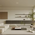 Minimalist Living Room Interior With Light Sofa Coffee Table Wall Shelves And Plant