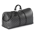 Black And Gray Checkerboard Travel Duffel Bag With Leather Handles And Metal Hardware