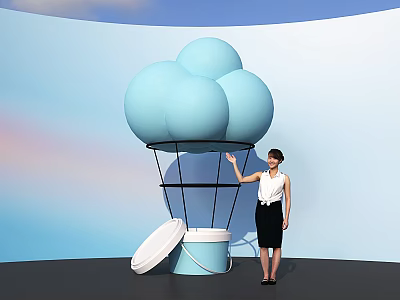 Light Blue Inflatable Decorative Spheres With Black Stand And Woman Interacting 3d model